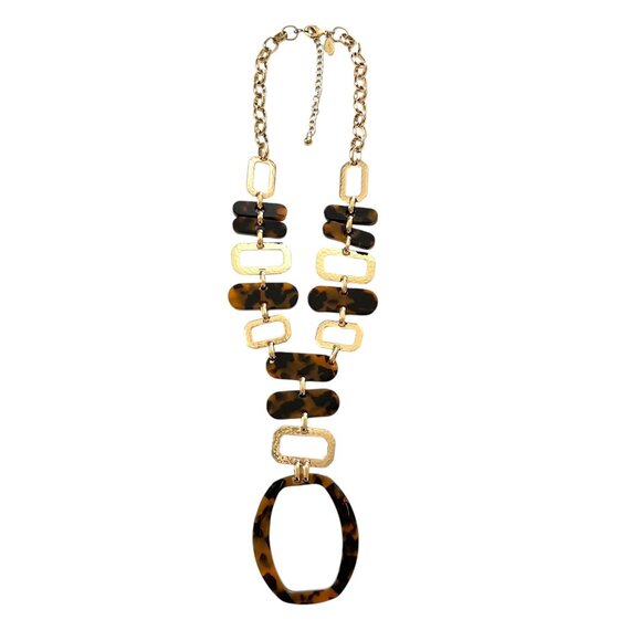 Chicos Tortoise Shell & Hammered Goldtone Adjustable Statement Necklace … - Picture 2 of 12